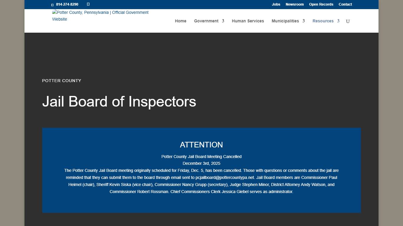 Jail Board Potter County, Pennsylvania Official Government Website