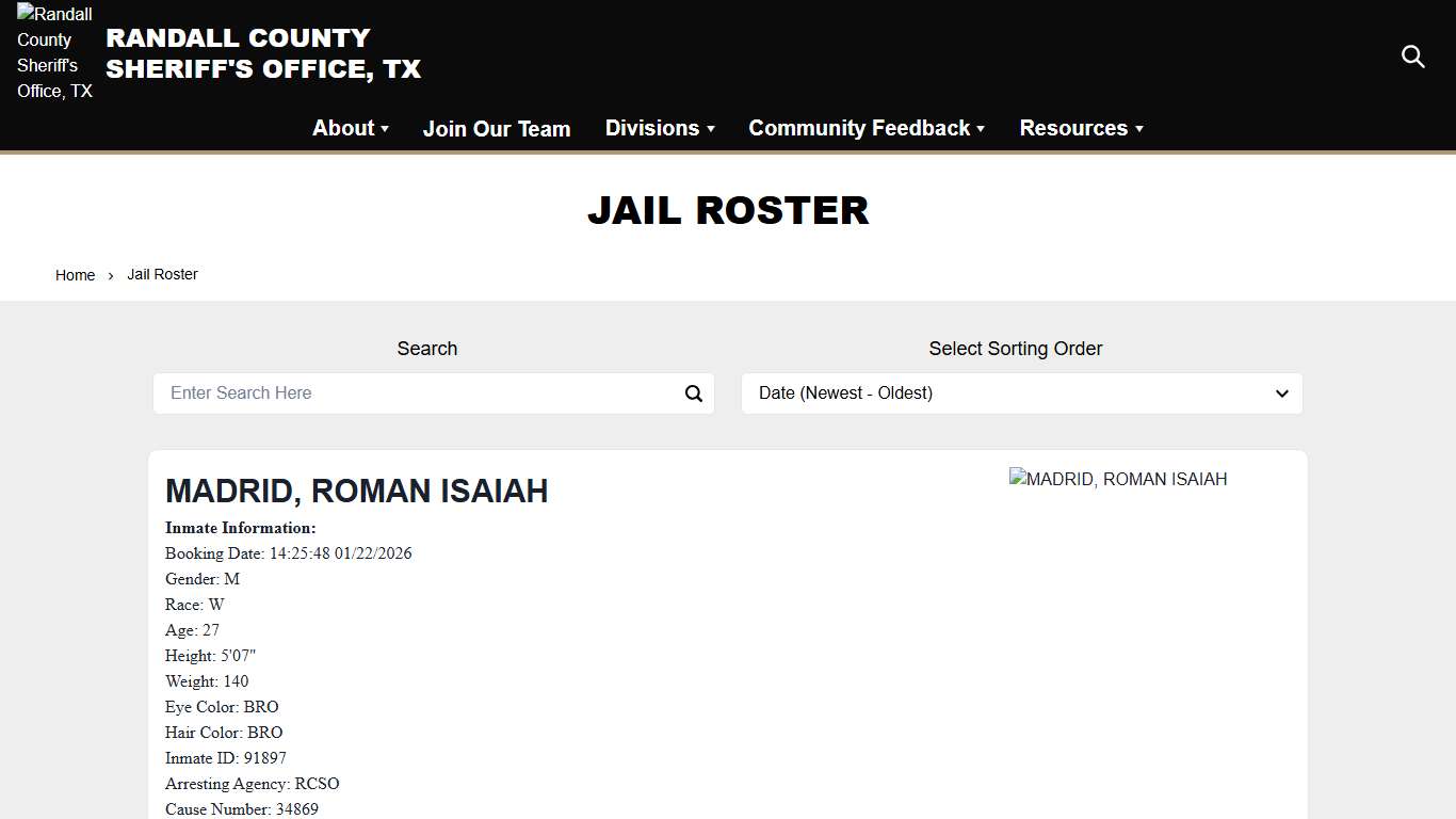 Jail Roster Randall County Sheriff's Office, TX